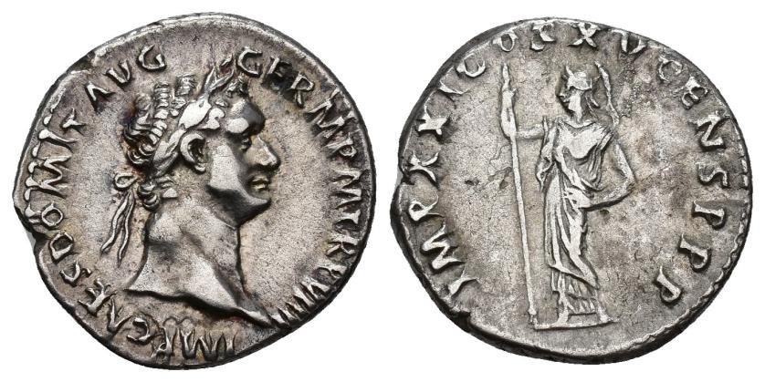 3067   -  IMPERIO ROMANO. DOMICIANO. Denario. Roma (90 d.C.). A/ Cabeza laureada a der.; IMP CAES DOMIT AVG GERM P M TR P VIII. R/ Minerva a izq. con lanza; IMP XXI COS XV CENS P P P. AR 3,19 g. 19 mm. RIC-692. Hojita en rev. MBC.