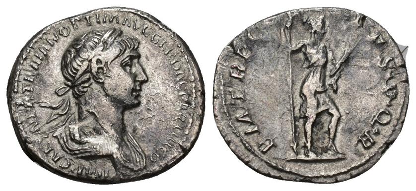 3071   -  IMPERIO ROMANO. TRAJANO. Denario. Roma (114-117). A/ Busto drapeado y laureado a der.; IMP CAES NER TRAIAN OPTIM AVG GER DAC PARTHICO. R/ Virtus a der. con lanza y parazonium; P M TR P COS (V)I SPQR. AR 2,79 g. 19,3 mm. RIC-353. Erosiones. MBC/MBC-. 