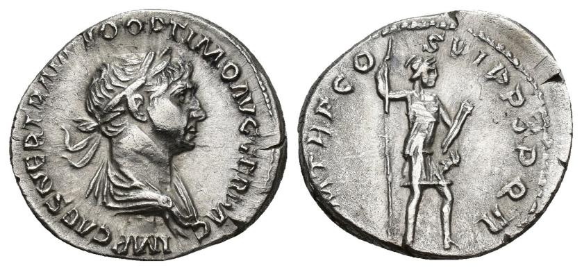 3072   -  IMPERIO ROMANO. TRAJANO. Denario. Roma (114-117). A/ Busto drapeado y laureado a der.; IMP CAES NER TRAIANO OPTIMO AVG GER DAC. R/ Virtus a der. con lanza y parazonium; (P) M TR P COS VI P P SPQR. AR 2,92 g. 19,2 mm. RIC-355. Cospel abierto y golpecito en rev. EBC-/MBC+.