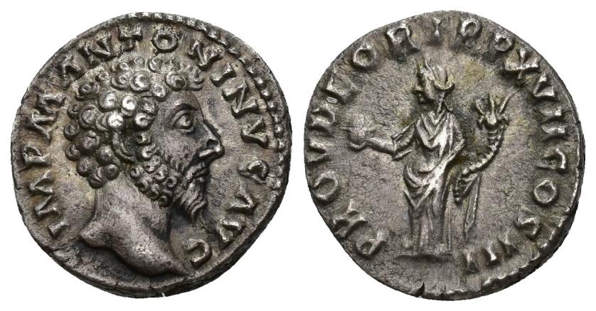 3080   -  IMPERIO ROMANO. MARCO AURELIO. Denario. Roma (162-163). A/ Cabeza a der.; IMP M ANTONIVS AVG. R/ Providentia a izq. con globo y cornucopia; PROV DEOR TR P XVII COS III. AR 3,27 g. 17,4 mm. RIC-70. MBC+/MBC.