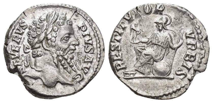 3084   -  IMPERIO ROMANO. SEPTIMIO SEVERO. Denario. Roma (202-210). A/ Cabeza laureada a der.; SEVERVS AVG. R/ Roma con palladium y lanza sentada sobre escudo a izq.; RESTITVTOR VRBIS. AR 3,31 g. 19,1 mm. RIC-288. Cospel abierto. MBC+.