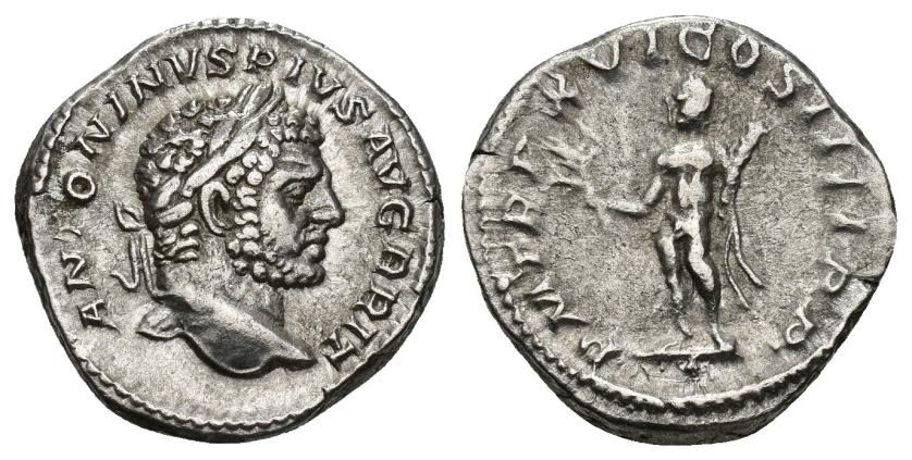 3087   -  IMPERIO ROMANO. CARACALLA. Denario. Roma (213). A/ Cabeza laureada a der.; ANTONIVS PIS AVG BRIT. R/ Hércules a izq. con clava y rama; P M TR P XVI COS IIII P P. AR 3,89 g. 17,9 mm. RIC-206a. MBC/MBC-. 