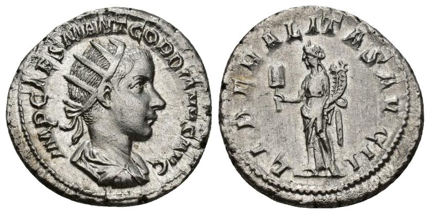 3093   -  IMPERIO ROMANO. GORDIANO III. Antoniniano. Roma (240). A/ Busto radiado y drapeado a der.; IMP CAES M ANT GORDIANVS AVG. R/ Liberalitas con ábaco y cornucopia a izq.; LIBERALITAS AVG II. VE 4,69 g. 22,3 mm. RIC-36. MBC+. 