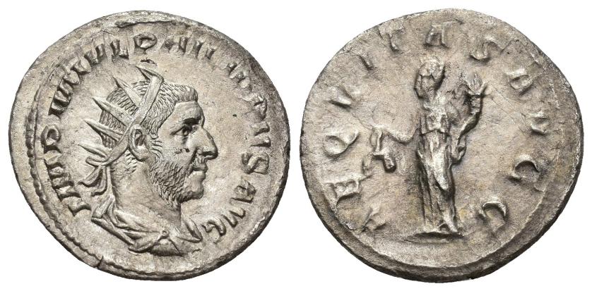 3095   -  IMPERIO ROMANO. FILIPO I. Antoniniano. Roma (244-247). A/ Busto radiado y drapeado a der.; IMP M IVL PHILIPPVS AVG. R/ Aequitas a izq. con balanza y cornucopia; AEQVITAS AVGG. VE 2,98 g. 22,2 mm. RIC-27. EBC-/MBC.