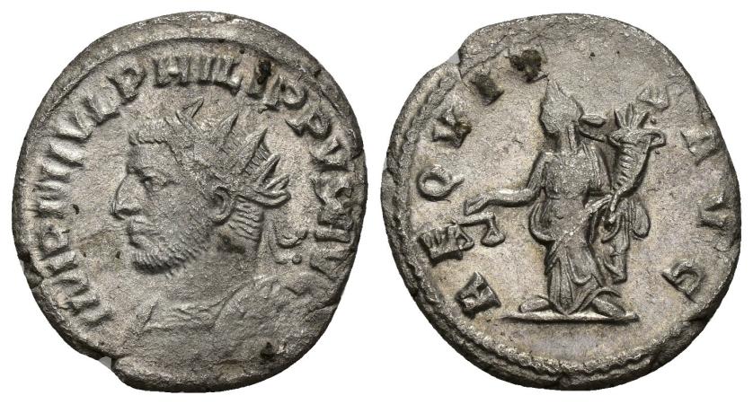 3096   -  IMPERIO ROMANO. FILIPO I. Antoniniano. Antioquía (244-249). A/ Busto radiado y acorazado a izq.; IMP M IVL PHILIPPVS AVG. R/ Aequitas a izq. con balanza y cornucopia; AEQVITAS AVG. AR 3,82 g. 21,2 mm. RIC-82 vte. ley. rev. MBC-. 