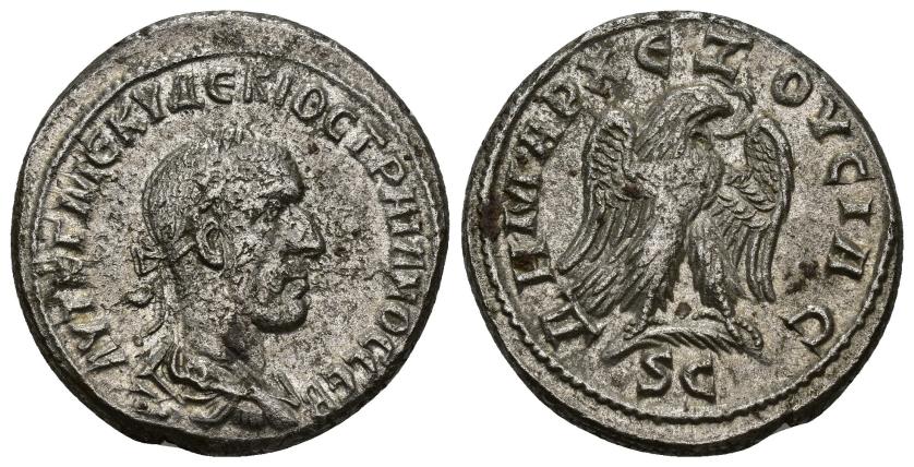 3098   -  IMPERIO ROMANO. TRAJANO DECIO. Tetradracma. Antioquía. A/ Busto laureado, drapeado y acorazado a der. R/ Águila con corona en el pico sobre palma a der. VE 11,09 g. 26,6 mm. RPC-IX.1655. Erosiones en anv. MBC/MBC+. 