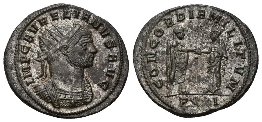 3100   -  IMPERIO ROMANO. AURELIANO. Antoniniano. Siscia (270-275). A/ Busto radiado y acorazado a der.; IMP C AVRELIANVS AVG. R/ Concordia a izq. dando la mano al emperador; CONCORDIA MILITVM, exergo PXXI.  VE 4,5 g. 23,6 mm. RIC-244. R.P.O. EBC-. 