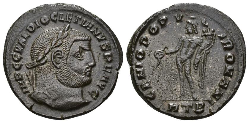 3106   -  IMPERIO ROMANO. DIOCLECIANO. Follis. Heraclea (296-297). A/ Cabeza laureada a der.; IMP C VAL DIOCLETIANVS P F AVG. R/ Genio a izq. con pátera y cornucopia; GENIO POPVLI ROMANI. -/-//HTB. AE 7,81 g. 26,3 mm. RIC-17a. Pequeñas marcas de acuñación. EBC-/MBC+.