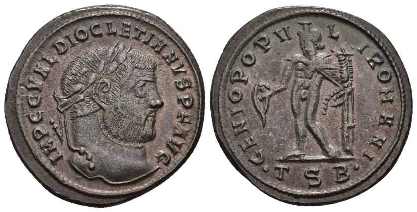 3110   -  IMPERIO ROMANO. DIOCLECIANO. Follis. Tesalónica (300-301). A/ Cabeza laureada a der.; IMP C C VAL DIOCLETIANVS P F AVG. R/ Genio a izq. con pátera y cornucopia; GENIO POPVLI ROMANI. -/-//. TSB . . AE 8,88 g. 27,7 mm. RIC-21a. MBC/MBC+. 