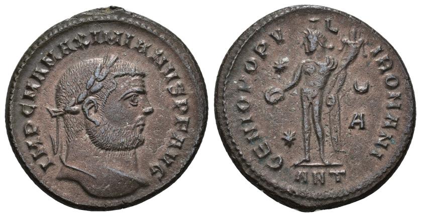 3111   -  IMPERIO ROMANO. MAXIMIANO. Follis. Antioquía (298). A/ Cabeza laureada a der.; IMP C M A MAXIMIANVS P F AVG. R/ Genio a izq. con pátera y cornucopia; GENIO POPVLI ROMANI. */*/creciente/A//ANT. AE 9,52 g. 27 mm. RIC-50b. MBC+. 