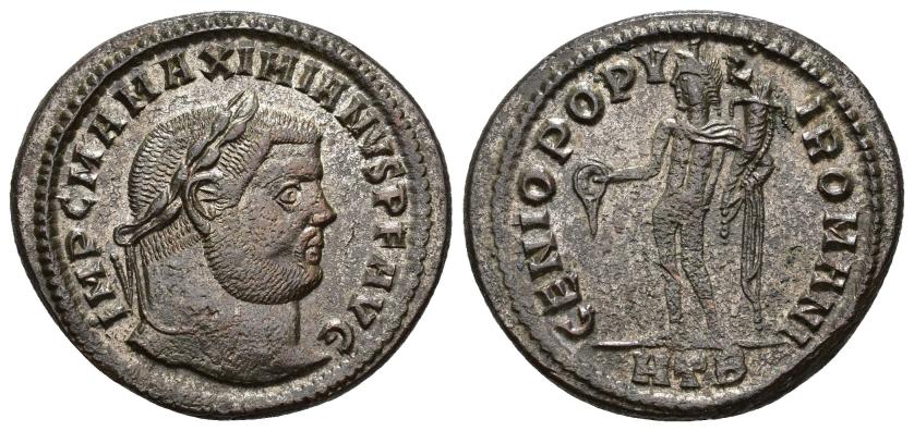 3112   -  IMPERIO ROMANO. MAXIMIANO. Follis. Heraclea (296-297). A/ Cabeza laureada a der.; IMP C MA MAXIMIANVS P F AVG. R/ Genio a izq. con pátera y cornucopia; GENIO POPVLI ROMANI. -/-//HTB. AE 9,8 g. 28,5 mm. RIC-17b. Acuñación floja en rev. EBC-. 