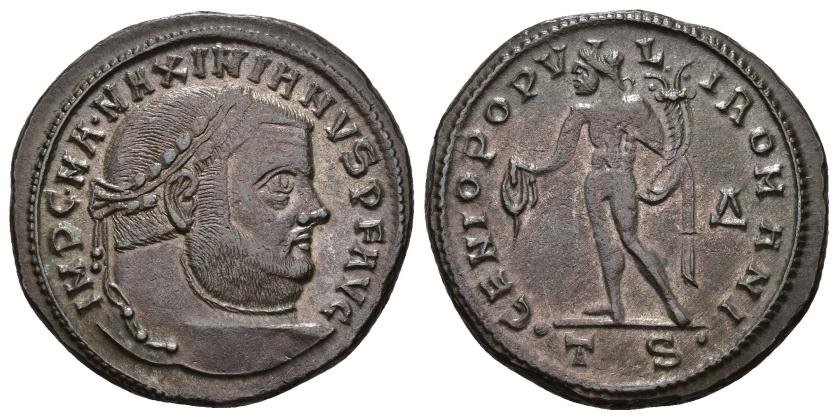 3113   -  IMPERIO ROMANO. MAXIMIANO. Follis. Tesalónica (302-303). A/ Cabeza laureada a der.; IMP C M A MAXIMIANVS P F AVG. R/ Genio a izq. con pátera y cornucopia; GENIO POPVLI ROMANI. -/D//. T S . AE 10,4 g. 28,2 mm. RIC-25b. MBC+/MBC.