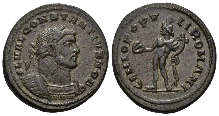 3116   -  IMPERIO ROMANO. CONSTANCIO I. Follis. Londinium (300-305). A/ Busto laureado y acorazado a der.; FL VAL CONSTANTIVS NOB C. R/ Genio a izq. con pátera y cornucopia; GENIO POPVLI ROMANI. AE 10,64 g. 28 mm. RIC-14a. MBC+.