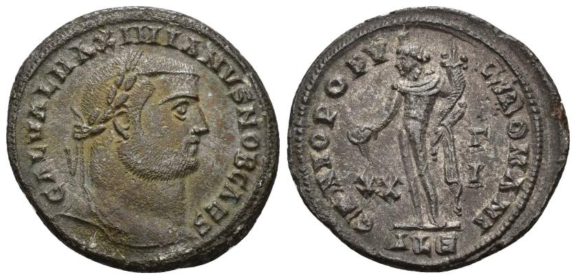 3119   -  IMPERIO ROMANO. GALERIO. Follis. Alejandría (300-301). A/ Cabeza laureada a der.; GAL VAL MAXIMIANVS NOB CAES. R/ Genio a izq. con pátera y cornucopia; GENIO POPVLI ROMANI. XX/G/I//ALE. AE 9,18 g. 28,4 mm. RIC-33b. MBC+.