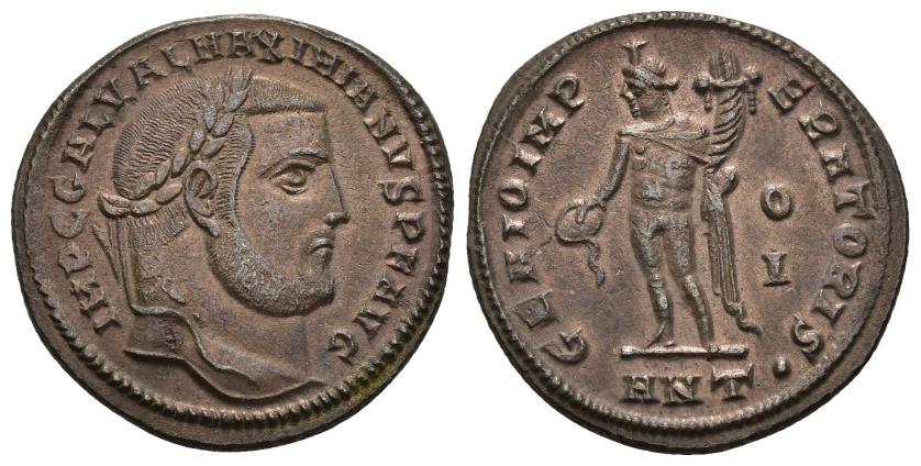 3121   -  IMPERIO ROMANO. GALERIO. Follis. Antioquía (309). A/ Cabeza laureada a der.; IMP C GAL VAL MAXIMIANVS P F AVG. R/ Genio a izq. con pátera y cornucopia; GENIO IMPERATORIS. -/O/I//ANT . . AE 6,54 g. 25,3 mm. RIC-112a. MBC+.