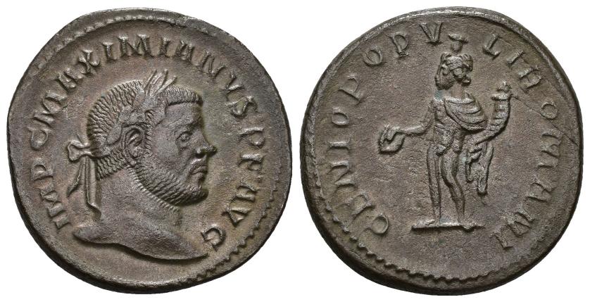 3129   -  IMPERIO ROMANO. GALERIO. Follis. Londinium (305-307). A/ Cabeza laureada a der.; IMP C MAXIMIANVS P F AVG. R/ Genio a izq. con pátera y cornucopia; GENIO POPVLI ROMANI. AE 10,3 g. 28,3 mm. RIC-no. MBC+.