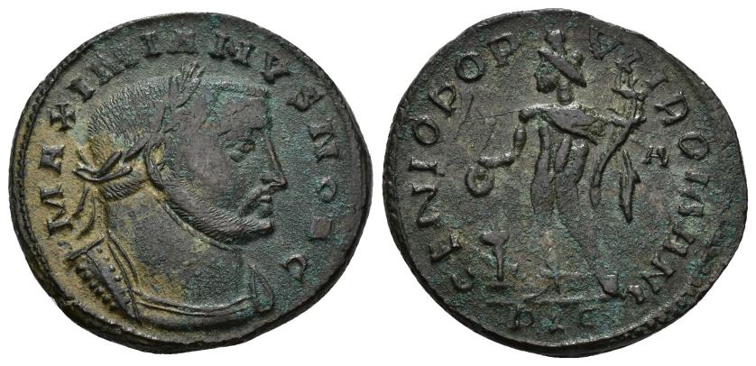 3130   -  IMPERIO ROMANO. GALERIO. Follis. Lugdunum (301-303). A/ Cabeza laureada a der.; MAXIMIANVS NOB C. R/ Genio a izq. con pátera y cornucopia; GENIO POPVLI ROMANI. -/A//PLC. AE 10,33 g. 27,9 mm. RIC-164b. Oxidaciones. MBC+/MBC.