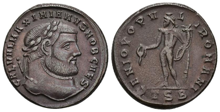 3133   -  IMPERIO ROMANO. GALERIO. Follis. Tesalónica (298-299). A/ Cabeza laureada a der.; GAL VAL MAXIMIANVS NOB CAES. R/ Genio a izq. con pátera y cornucopia; GENIO POPVLI ROMANI. -/-//TSB. AE 9,85 g. 26,9 mm. RIC-20b. MBC+.