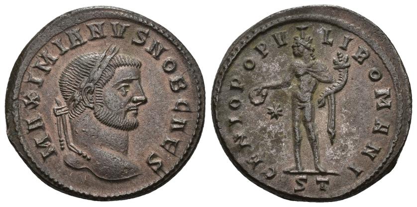 3134   -  IMPERIO ROMANO. GALERIO. Follis. Ticinum (296-297). A/ Cabeza laureada a der.; MAXIMIANVS NOB CAES. R/ Genio a izq. con pátera y cornucopia; GENIO POPVLI ROMANI. */-//ST. AE 9,73 g. 26,9 mm. RIC-32b. EBC-/MBC+.