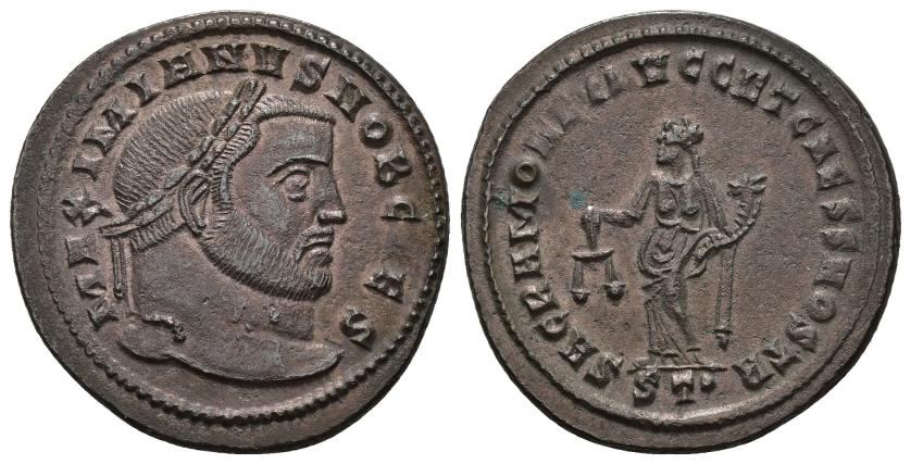 3135   -  IMPERIO ROMANO. GALERIO. Follis. Ticinum (300-303). A/ Cabeza laureada a der.; MAXIMIANVS NOB CAES. R/ Moneta a izq. con balanza y cornucopia; SACRA MONET AVGG ET CAESS NOSTR. -/-//ST. . AE 9,50 g. 28 mm. RIC-44b. EBC.