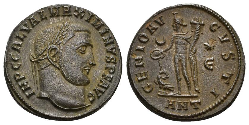 3138   -  IMPERIO ROMANO. MAXIMINO II. Follis. Antioquía (311). A/ Cabeza laureada a der.; IMP C GAL VAL MAXIMINVS P F AVG. R/ Genio a izq. con pátera y cornucopia, delante águila con corona en el pico; GENIO AVGVSTI; creciente/*/E//ANT. AE 5,35 g. 21,2 mm. RIC-161. EBC-.