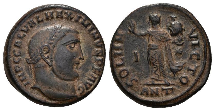 3139   -  IMPERIO ROMANO. MAXIMINO II. Follis. Antioquía (312). A/ Cabeza laureada a der.; IMP C GAL VAL MAXIMINVS P F AVG. R/ Sol a izq. con cabeza de Serapis en izq.; SOLI INVICTO, I/*//ANT. AE 6,18 g. 20,9 mm. RIC-167b. Campo del rev. repasado. MBC.