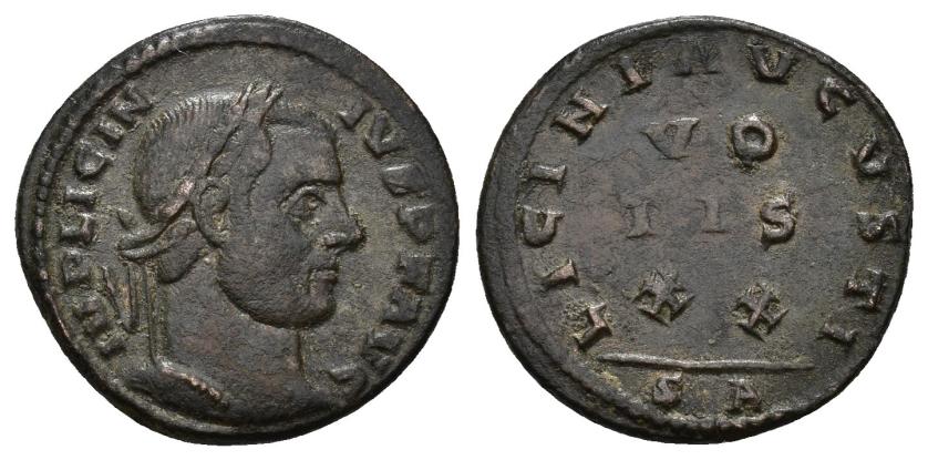 3144   -  IMPERIO ROMANO. LICINIO. Follis. Arelate (320-321). A/ Cabeza laureada a der.; IMP LICINIVS P F AVG. R/ VO/TIS/XX, alrededor LICINI VGVSTI. -/-//SA. AE 2,88 g. 18,9 mm. RIC-219. MBC.