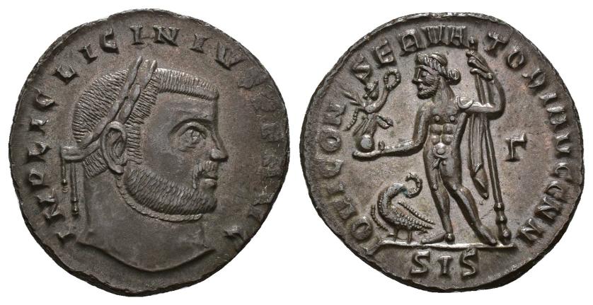 3147   -  IMPERIO ROMANO. LICINIO. Follis. Siscia (313). A/ Cabeza laureada a der.; IMP LIC LICINIVS P F AVG. R/ Júpiter a izq. con cetro, victoria y águila a sus pies; IOVI CONSERVATORI AVGG NN. -/G//SIS. AE 3,78 g. 21,6 mm. RIC-232a. Leve vano. EBC/EBC+.