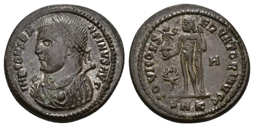 3160   -  IMPERIO ROMANO. CONSTANTINO. Follis. Cizycus (317-320). A/ Busto laureado y drapeado a izq. con cetro y mappa; IMP CONSTANTINVS AVG. R/ Júpiter a izq. con Victoria y cetro; IOVI CONSERVATORI AVGG. Corona/H//SMK. AE 4,55 g. 20,8 mm. RIC-8. MBC+.