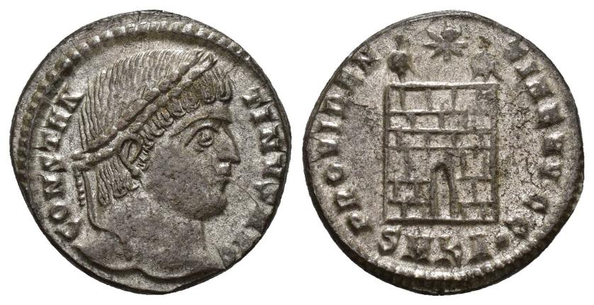 3161   -  IMPERIO ROMANO. CONSTANTINO I. Follis. Cizycus (325-326). A/ Cabeza laureada a der.; CONSTANTINVS AVG. R/ Puerta de campamento; PROVIDENTIAE AVGG. -/-//SMKA . . AE 3,53 g. 18,8 mm. RIC-34. R.P.O. EBC.