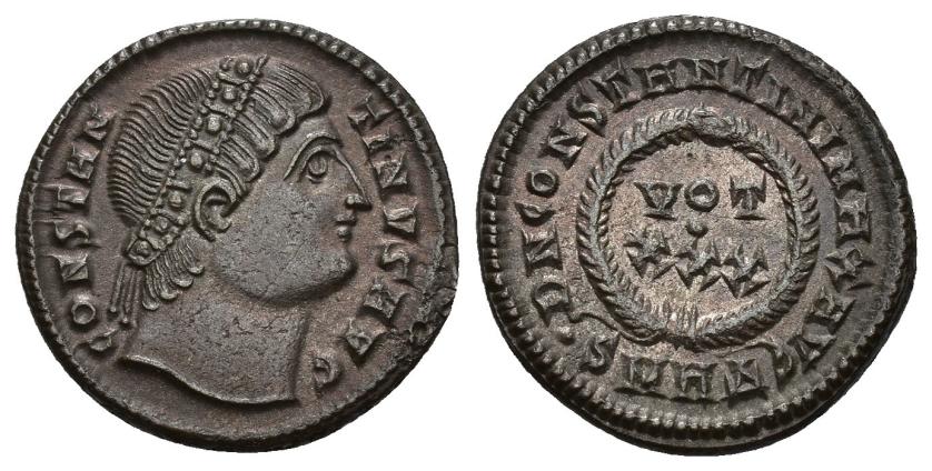 3163   -  IMPERIO ROMANO. CONSTANTINO I. Follis. Heraclea (327-329). A/ Cabeza diademada a der.; CONSTANTINVS AVG. R/ Láurea rodeando VOT/./XXX; D N CONSTANTINI MAX AVG; -/-// . SMHD . AE 2,94 g. 18,4 mm. RIC-90. EBC.