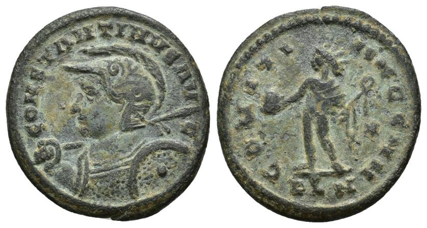 3164   -  IMPERIO ROMANO. CONSTANTINO. Follis. Londinium (310-312). A/ Busto a izq. con coraza, casco, lanza y escudo; CONSTANTINVS AVG. R/ Sol a izq.; COMITI AVGG NN. -/*//PLN(¿?). RIC-174? AE 4,20 g. 23,6 mm. Pátina verde con erosiones. MBC-.	