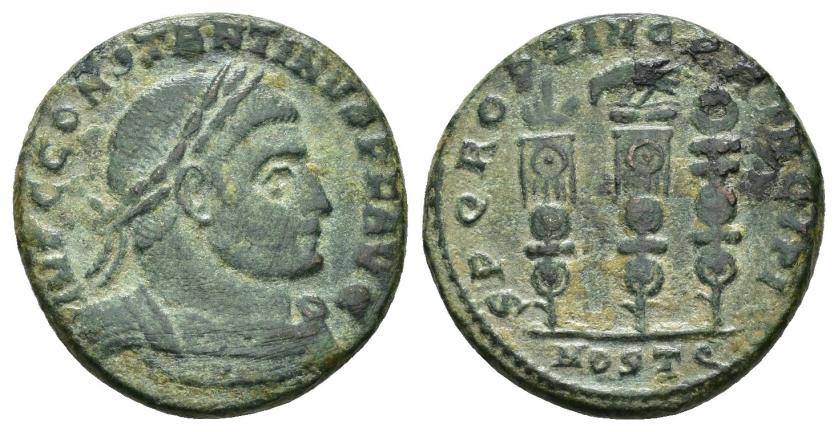 3167   -  IMPERIO ROMANO. CONSTANTINO I. Follis. Ostia (312-313). A/ Busto laureado y acorazado a der.; IMP C CONSTANTINVS P F AVG. R/ Águila entre dos vexilla; SPQR OPTIMO PRINCIPI.-/-// MOSTQ. AE 4,58 g. 19,9 mm. RIC-98. Pátina verde. MBC-/MBC. Escasa.