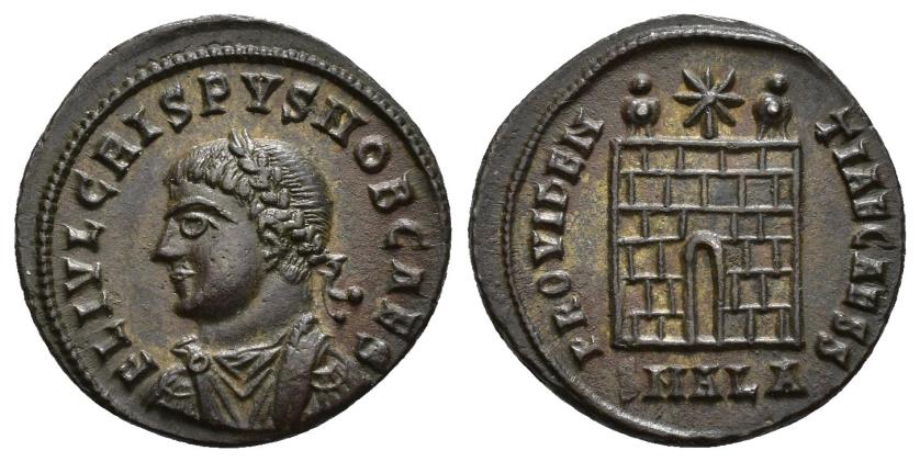 3175   -  IMPERIO ROMANO. CRISPO. Follis. Alejandría (325-326). A/ Busto laureado, drapeado y acorazado a izq.; FL IVL CRISPVS NOB CAES. R/ Puerta de campamento con dos torres y encima estrella; PROVIDENTIEAE CAESS. -/-//SMALA. AE 2,83 g. 19,4 mm. RIC-35. EBC. 