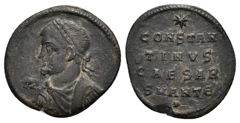 3177   -  IMPERIO ROMANO. CONSTANTINO II. Follis. Antioquía (324-325). A/ Busto laureado, drapeado y acorazado a izq. R/ CONSTAN/TINVS/CAESAR, encima estrella, debajo SMANTE/. . AE 1,64 g. 18,5 mm. RIC-59. Campos repasados. MBC-. Rara.