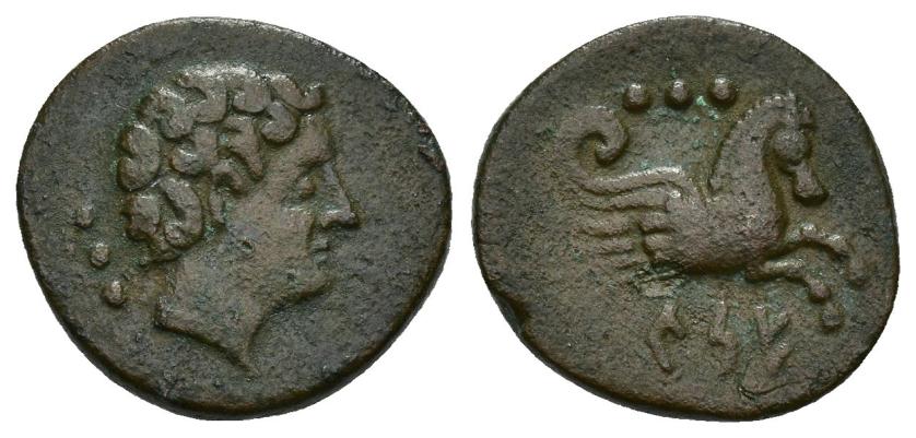 92   -  HISPANIA ANTIGUA. KESE-TARRACO. Cuarto. A/ Cabeza masculina a der., detrás 3 glóbulos. R/ Prótomo de Pegaso a der., encima 3 glóbulos, debajo KeSE. AE 3,13 g. 16,6 mm. I-2327. ACIP-1119. CC-1194, mismo ejemplar. MBC. Muy escasa.