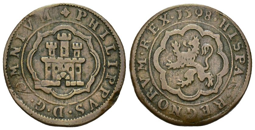 3228   -  FELIPE II. 4 maravedís. 1598. Segovia. Cu 6,31  g. 27,3 mm. AC-91. Golpe en anv. MBC.