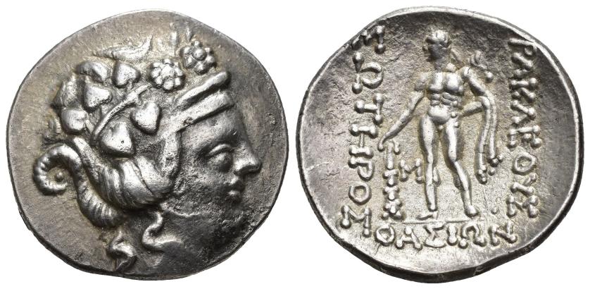 97   -  GRECIA ANTIGUA. CELTAS DEL DANUBIO. Tetradracma. Imitación de Thasos. A/ Cabeza de Dionisos. R/ Herakles a izq. AR 16,54 g. 31,4 mm. SBG-215. MBC+.