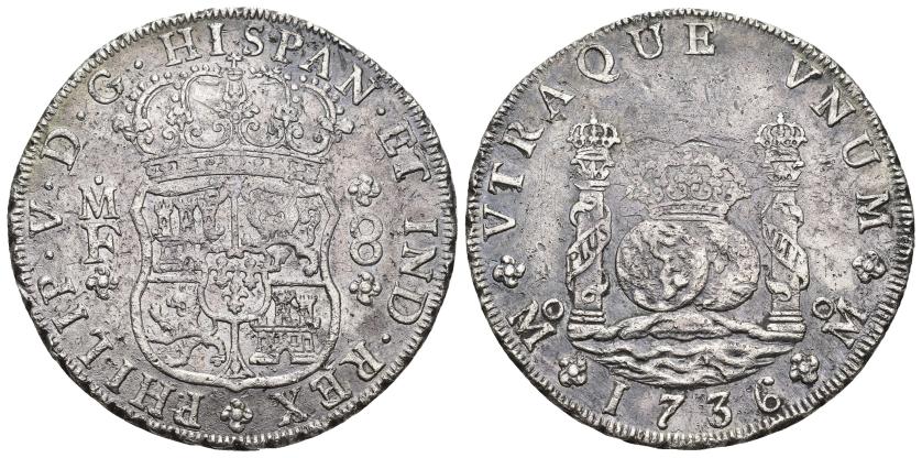 3235   -  FELIPE V. 8 reales. 1736. México. MF. AR 26,58 g. 40,6 mm. VI-1144. Oxidaciones marinas y rayitas. MBC.