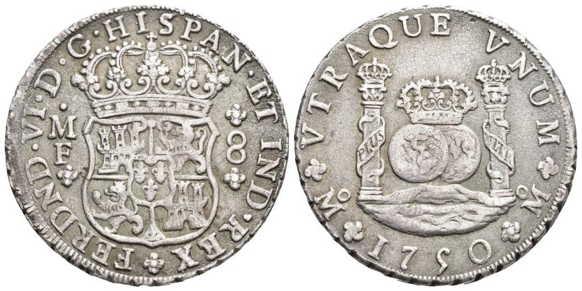 3238   -  FERNANDO VI. 8 reales. 1750. México. MF. AR 26,89 g. 39,1 mm. VI-358. Superficies ligeramente craqueladas. MBC.