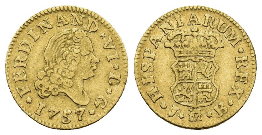 3241   -  FERNANDO VI. 1/2 escudo. 1757. Madrid. JB. AU 1,73 g. 14,8 mm. VI-416 Golpecito en anv. MBC.