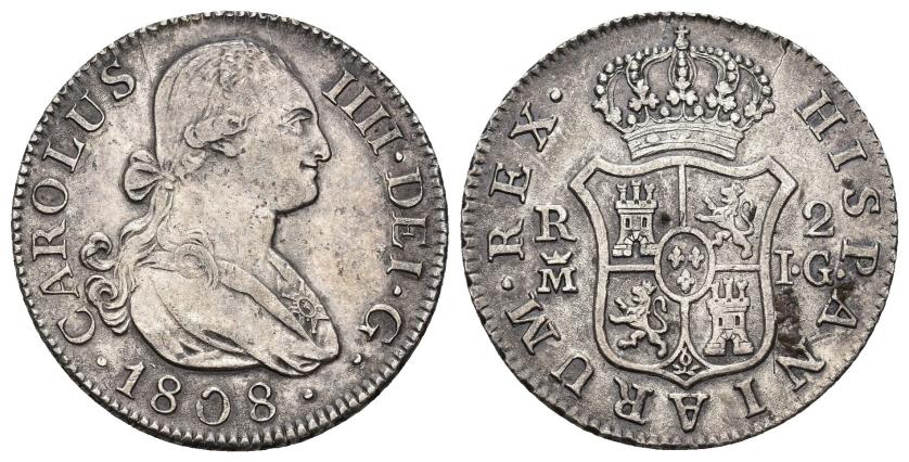 3250   -  CARLOS IV. 2 reales. 1808. Madrid. JG. AR 5,05 g. 25,99 mm. VI-516. Oxidaciones limpiadas. MBC-/MBC.