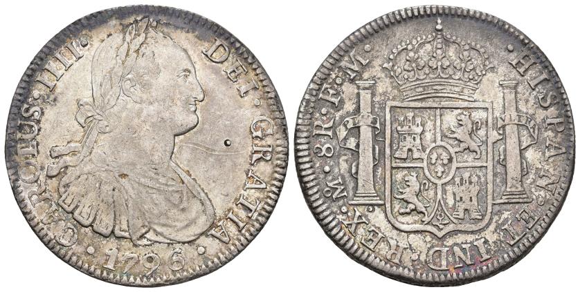 3258   -  CARLOS IV. 8 reales. 1796. México. FM. AR 26,99 g. 40,45 mm. VI-792. Punzón y rayas en anv. Leves oxidaciones. MBC+/MBC.