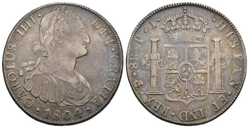 3261   -  CARLOS IV. 8 reales. 1804. Potosí. PJ. AR 26,81 g. 39,43 mm. VI-824. Pátina gris. MBC-. 