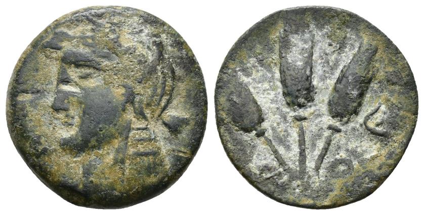 2186   -  COLECCIÓN CORES. MAURETANIA ORIENTAL. Unidad. Iol. A/ Cabeza de Isis a izq., .detrás del cuello aleph. R/ 3 espigas, en campo letra m. AE 7,57 g. 23 mm. MAA-144 var.; CC-5971, mismo ejemplar. Pátina verde oscuro. MBC-.