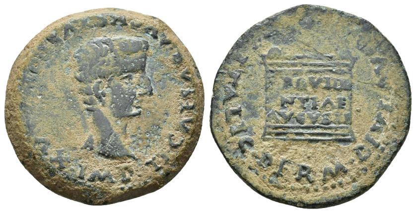 2291   -  HISPANIA ANTIGUA. ITALICA. Tiberio. As. A/ Cabeza a der.; TI CAESAR AVGVSTVS PONT MAX IMP. R/ Altar con PROVIDE/NTIAE/AVGVSTI; MVNIC ITALIC PERM DIVI AVG. AE 14,37 g. 29,5 mm. I-1593. APRH-65. ACIP-3333. Pátina verde terrosa. MBC-.