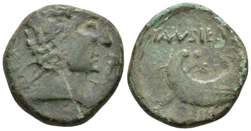 2306   -  HISPANIA ANTIGUA. TAMUSIA. As. A/ Cabeza masculina a der., delante delfín, detrás signos ibéricos TaM. R/ Nave con remeros a der., encima TAMVSIEN(SI). AE 18,77 g. 19,85 mm. I-2263. ACIP-2503. Rev. algo descentrado. Raya en anv. Pátina verde con erosiones. MBC-. Muy rara.