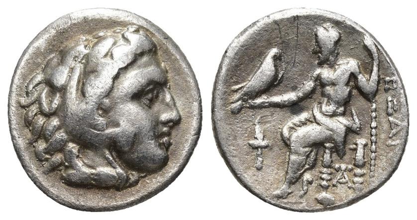 2312   -  GRECIA ANTIGUA. MACEDONIA. ALEJANDRO III. Dracma. Sardes (323-319 a.C.). A/ Cabeza con leonté a der. R/ Zeus entronizado a izq., delante antorcha, debajo del trono A. AR 3,77 g. 17,2 mm. PRC-2637; SBG-6730 var. MBC/MBC-.