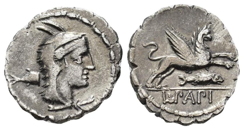 2346   -  REPÚBLICA ROMANA. PAPIA. L. Papius. Denario. Roma (79 a.C.). A/ Cabeza de Juno Sospita a der., detrás símbolo delfín. R/ Grifo saltando a der. debajo pez, exergo L PAPI. AR 4,02 g. 19,07 mm. CRAW-384.1. FFC-952. Pequeño grafito en rev. MBC-/MBC.