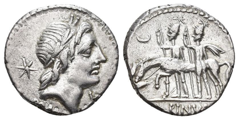 2347   -  REPÚBLICA ROMANA. Aulus Postumius Albinus. Denario. Roma (96 a.C.). A/ Cabeza de Apolo a der., delante X, detrás estrella, debajo ROMA. R/ Dióscuros a izq. con sus caballos bebiendo, en campo creciente; (A AL)BINVS (S F). AR 3,89 g. 18,7 mm. CRAW-335.10a; FFC-1066. MBC+/MBC. Escasa. 